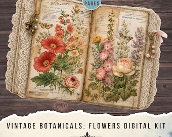 Vintage Botanicals: Flowers digital kit, 35 Printable Pages (Digital download)