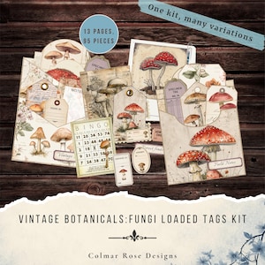Peut inclure: Un kit de loisirs créatifs comprenant 13 pages et 95 pièces en papier avec des illustrations de champignons, des cartes de bingo et des étiquettes. L'ensemble inclut divers tags et enveloppes aux motifs botaniques et le texte One kit, many variations.