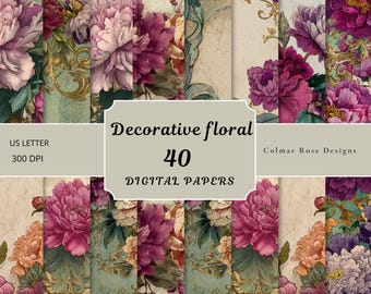 Decorative Floral Papers,  40 Peony Backgrounds (Digital Download)