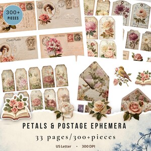 May include: A collection of vintage-style ephemera featuring floral designs and postage elements. The set includes envelopes, tags, postcards, and stickers with rose and botanical illustrations. The text reads "PETALS & POSTAGE EPHEMERA" and "33 pages/300+ pieces".