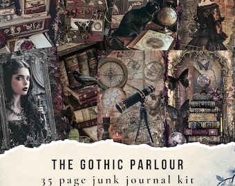 May include: A collage of gothic-themed images, including a woman, a black cat, books, a telescope, and butterflies. The text "THE GOTHIC PARLOUR" and "35 page junk journal kit" are displayed at the bottom of the image.