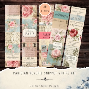 May include: A collection of 25 decorative paper strips featuring vintage Parisian themes, floral rose patterns, cursive handwriting, postal stamps, and French text including Modes de Paris, Atelier Couture, and Paris 1897 in soft pastel tones.