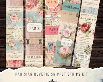 Parisian Reverie Snippet strips, 25 strips. Junk Journal Ephemera Collection