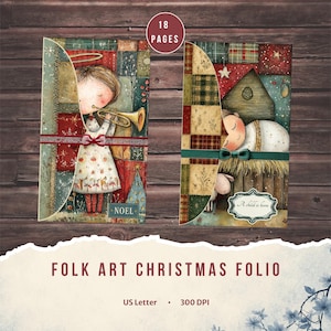 May include: Two rectangular Christmas folios featuring folk art illustrations. The left folio shows an angel with a trumpet and the text NOEL. The right folio depicts a nativity scene with the text A child is born. Both have 18 pages total.