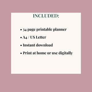 May include: A digital planner graphic with the text "INCLUDED:" followed by bullet points listing features. The features include a 34-page printable planner, A4/US Letter size, instant download, and the option to print at home or use digitally.