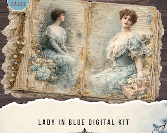 The Lady in Blue Junk Journal Kit, Shabby Chic Vintage Ephemera Pages (Digital Download)