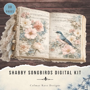 May include: An open book with floral and bird illustrations. The pages feature a vintage design with musical notes and a blue bird perched on a branch. The book is adorned with lace and the text "Shabby Songbirds Digital Kit".