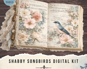 Shabby Songbirds junk journal kit, 30 Shabby chic pages (Digital Download)