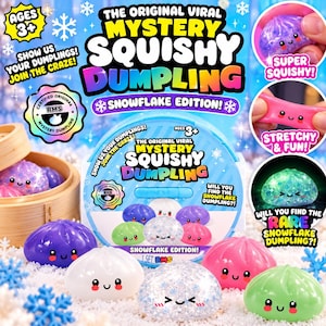 May include: The Original Viral Mystery Squishy Dumpling Snowflake Edition toy set features multiple colourful, soft, and stretchy dumpling-shaped figures with smiling faces, including glittery, solid, and translucent designs in a themed display box.