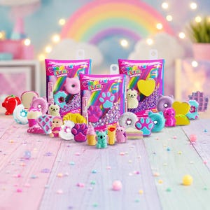 May include: Three packages of Tada Jelly Sweets Munchkins featuring colorful, miniature food and animal-shaped figurines. The collection includes small plastic donuts, paw prints, ice cream cones, hearts, and various creatures in bright, pastel colors.
