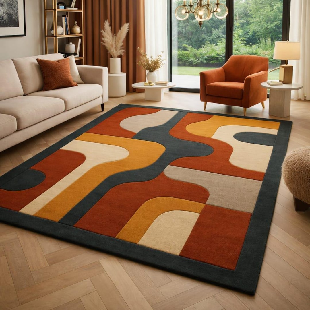 Hand Tufted Abstract Wavy Rug, Colorful Wool 8x10 9x12 Rugs for Living ...