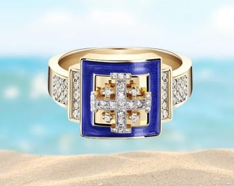 Jerusalem Cross Ring With Diamond, 14K Gold, Enamel coating, cross ring, cross jewelry, mens jewelry gift, Jerusalem jewelry, Unisex Ring