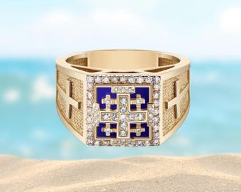 Kruisring Jeruzalem met diamant, 14K goud, kerstcadeau, kruisring, kruissieraden, cadeau voor hem, sieraden Jeruzalem, emaille coating