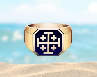 14k Men Band Rings, 18k Gold Crusaders Cross Mens Wedding Band