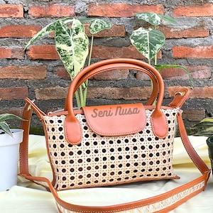Handmade Rattan Crossbody Bag – Boho Woven Purse with Brown Faux Leather Strap – Indonesian Handcrafted Shoulder Bag – Summer Bag for Women