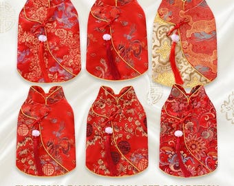 Squisito abbigliamento orientale per animali domestici fatto a mano, top in broccato stile cinese vintage, gilet per cani e gatti con dettagli di perle, abbigliamento unico per animali domestici dall'estetica asiatica.