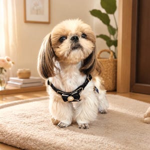 May include: A small, long-haired dog with tan and white fur wearing a black tweed-textured harness. The harness features a decorative black bow at the center, accented with a single white pearl-like bead and gold-toned metal hardware.