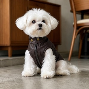 Peut inclure: Un petit chien blanc au pelage duveteux portant un gilet en similicuir marron foncé. Le gilet présente un col montant avec deux boutons-pression en métal doré et une fermeture éclair verticale centrale sur le devant du vêtement.
