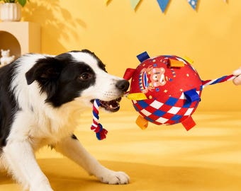 Handgefertigter Zirkushund Spielzeug Quietschende Glocke Ball mit Seilknoten für Tauziehen Langlebig Waschbar Interaktives Sensorisches Welpen Spielzeug Geschenk für Hundeliebhaber