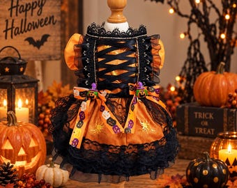 Halloweenowa sukienka dla zwierzaka, upiorny dyniowy strój dla psa, ręcznie robiony gotycki kostium kota, uroczy szczeniak, impreza, świąteczne jesienne ubranka dla zwierząt, rekwizyt do zdjęć