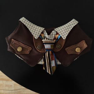 Puede incluir: Un cuello estilo chaleco marrón con un cuello de camisa a cuadros debajo, una corbata de rayas multicolor y dos bolsillos marrones con botones metálicos. El chaleco tiene una base de tela marrón oscuro con detalles en marrón claro y herrajes metálicos.