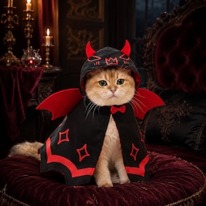 May include: A golden cat wearing a black hooded cape with red accents, including red devil horns on the hood, red bat-like wings on the sides, and a small red bow tie at the neck. The cape features red diamond-shaped patterns and a scalloped hem.