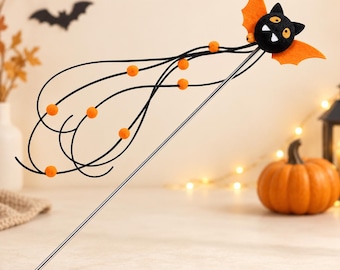 Juguete de varita mágica para gatos de Halloween, murciélago de peluche hecho a mano, juguete interactivo para gatitos, accesorio festivo de otoño para mascotas, regalo para fiestas de gatos.