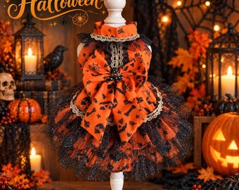 Handmade Halloween Dog Dress Luxury Gothic Pumpkin Lace Pet Tutu Dress Spooky Witch Cat Costume Cute Small Dog Holiday Party Dress Up Outfit