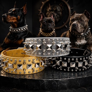 Puede incluir: Tres collares anchos para perro en plata, oro y negro, cada uno con filas de tachuelas piramidales metálicas y púas cónicas afiladas. Los collares están dispuestos en grupo, mostrando un acabado texturizado en la banda plateada y superficies lisas en las bandas dorada y negra, con orificios de hebilla y herrajes metálicos visibles.