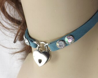 Vegan Locking Heart Day collar Bdsm discreet man made materials Rhinestone day collar gift for sub