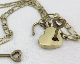 Locking Jewelry Antiqued Gold color heart lock necklace gift for her submissive necklace