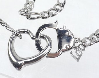 Bdsm day collar stainless steel heart love slave chain and handcuff clasp mature bdsm gift discreet day collar submissive jewelry