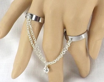 Double rings with long chains bell charm adjustable linked rings set