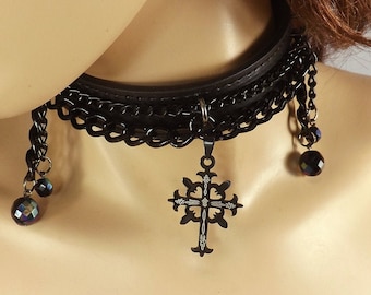Submissive collar Black Cross black Leather mature Bdsm Collar bondage collar