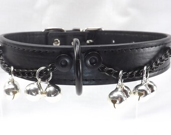 Black Leather bdsm collar d ring bondage collar mature slave bell collar submissive collar