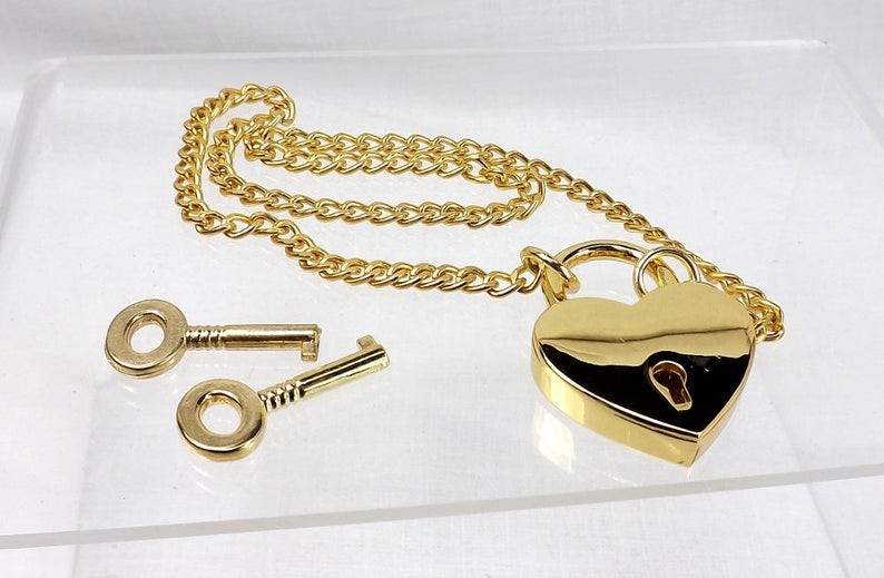 Lock necklace Gold heart mature bdsm Lock and key
