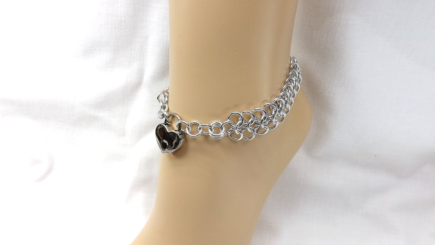 Locking Anklet Silver Heart Lock Ankle Bracelet bdsm jewelry bdsm anklet gift for her Pinch
