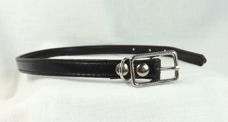 May include: A black leather collar with a silver buckle and two silver rings. The collar is about 1 inch wide.
