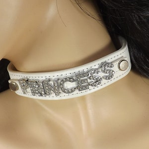 Rhinestone letters PRINCESS collar. Locking collar with heart lock and two keys. Gift for submissive. Name slave collar.