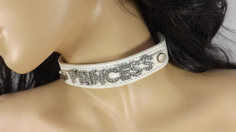 Rhinestone letters PRINCESS collar. Locking collar with heart lock and two keys. Gift for submissive. Name slave collar.