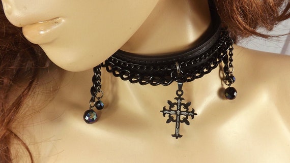 Submissive collar Black Cross black Leather mature Bdsm Collar bondage collar