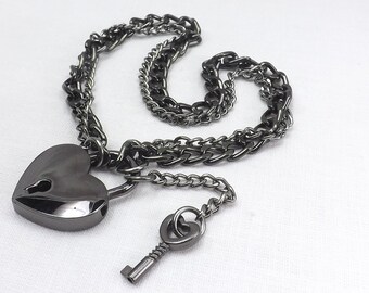 Gunmetal Heart lock necklace Bdsm jewelry two chains lock and key necklace gift for submissive locking necklace