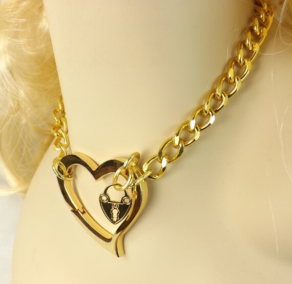 Gold Chain Choker Huge Heart bdsm day Collar discreet | Etsy