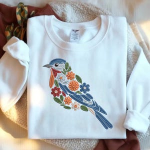 Floral Bird Embroidery Design, Colorful Blue Bird with Flowers Stitch File, Nature Spring Embroidery, Cottagecore Bird Machine Design