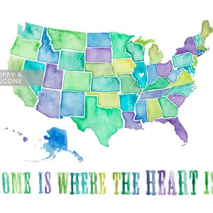 8.5x11 - Home is Where the Heart Is / Watercolor Map Print / Wedding Gift / Anniversary Gift / Moving Gift / Travel / Wanderlust / USA