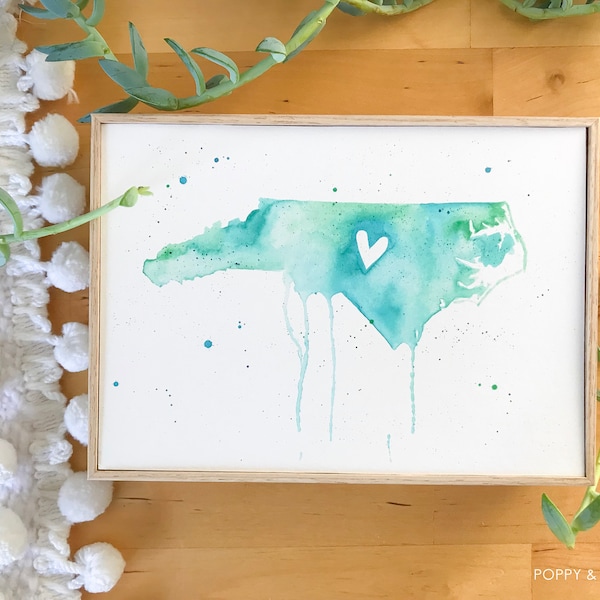 5x7 or 8.5x11 - North Carolina Love / Watercolor Map Print / Wedding Gift / Anniversary Gift / Moving Gift / Travel / Wanderlust / USA