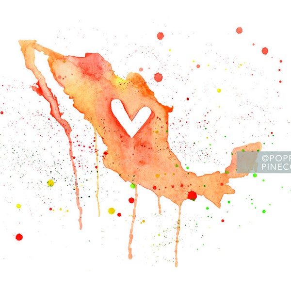 5x7 or 8.5x11 - Mexico Love / Watercolor Map Print / Wedding Gift / Anniversary Gift / Moving Gift / Travel / Wanderlust / North America