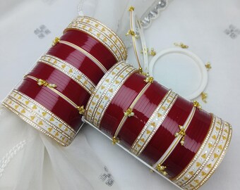 Rot Weiß Braut Chooda Armreifen Set, Indische Hochzeit Armreifen, Brautschmuck, Kundan Chura, Braut Armreif Set|Valentinstag