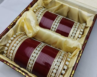 Luxury Red Bridal Chooda Set with Crystal Work | Heavy Wedding Bangles in Gift Box | Handmade Traditional Bridal Accessories |punjabi chooda