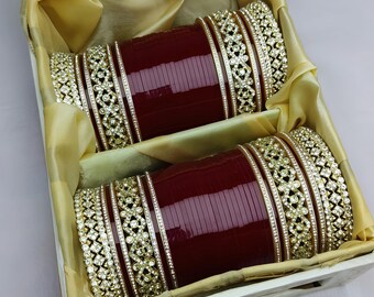 Braut Chooda Set | Punjabi Hochzeit Armreifen mit Kundan Arbeit | Premium Dulhan Choora | Traditionelles indisches Brautaccessoires-Geschenk